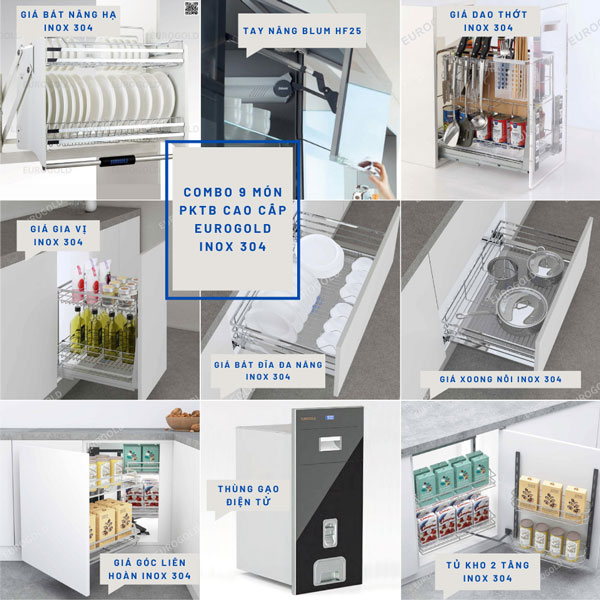 Combo phụ kiện tủ bếp 9 món Eurogold cao cấp inox 304 Combo phụ kiện tủ bếp 9 món Eurogold cao cấp inox 304