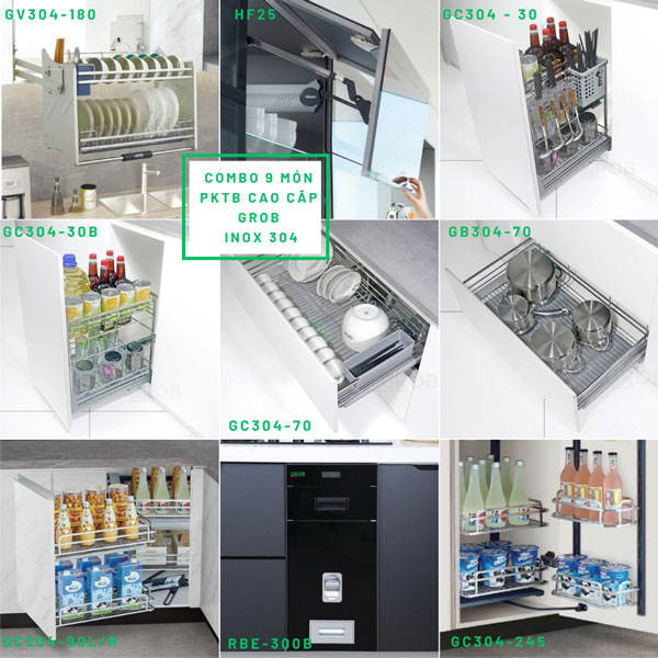 Combo phụ kiện tủ bếp 9 món Grob inox 304 cao cấp Combo phụ kiện tủ bếp 9 món Grob inox 304 cao cấp